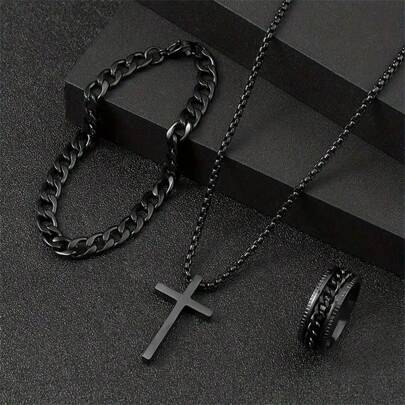 3pcs/Set Alloy Multi-Functional Men's Jewelry Set - Cross Pendant Necklace, Fashionable Bracelet, And Classic Ring! Suitable For Daily Wear Or Birthday, Holiday Gifts! Fashionable Jewelry For Christmas, New Year, Valentine's Day