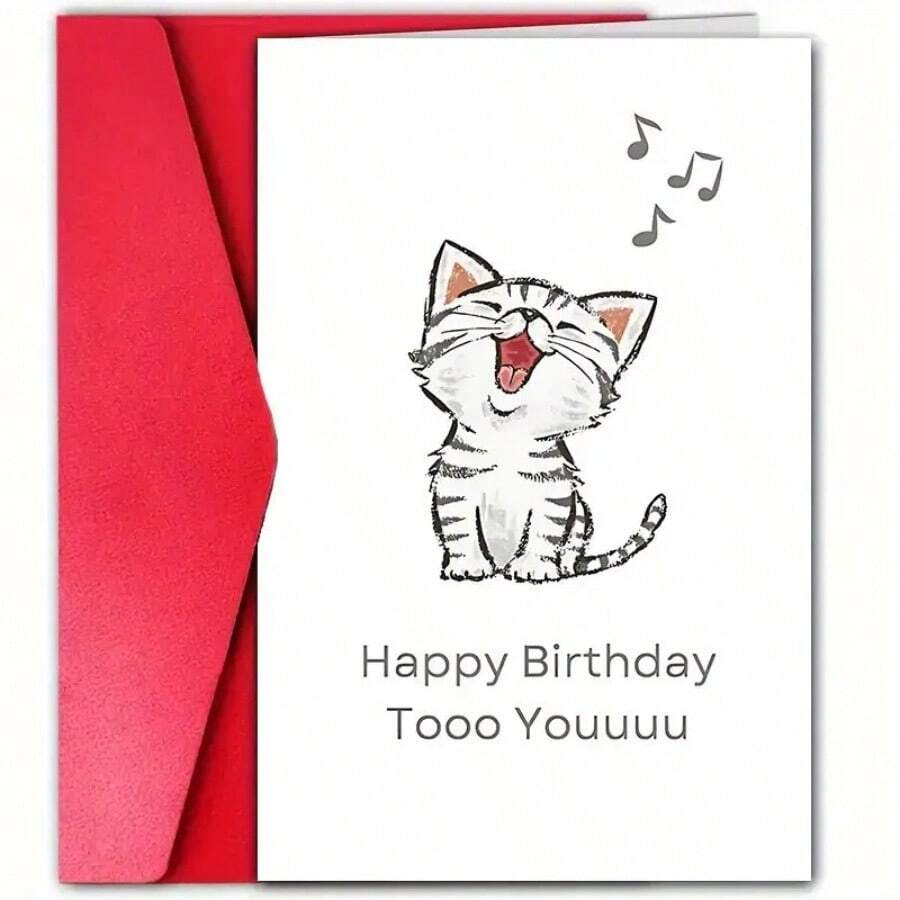有趣的猫唱歌生日贺卡带信封 - 非常适合宠物主人、猫狗爱好者、朋友、父母、儿子和女儿 - 独特的贺卡 - 彩色 - 查看 1