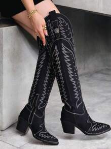 SHEIN BOTAS VAQUERAS DE MUJER ARRIBA DE LA RODILLA BOTAS CON BORDADOS Y REMACHES CON SUELA COSIDA SUELA ANTIDESLIZANTE BOTAS DE MUJER VAQUERAS CON PUNTA BOTAS DE MODA COWBOY VAQUERAS WESTER BOTAS DE MODA BOTAS PAA FIESTAS DISFRAZ VAQUERO NODA SHOES WOMAN - Negro - Ver 1