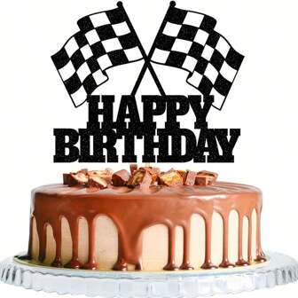 1 pieza Decoración de pastel en forma de coche de carreras con bandera a cuadros - Topper de pastel de coche de carreras con brillo para decoración de pastel de cumpleaños con tema de carreras, suministros para decorar la mesa de postres, suministros de decoración de pasteles, suministros de decoración de repostería, suministros de decoración de fiestas
