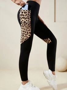 Women High Waisted Leopard Print Pocket Splice Fitness Leggings, High Stretchy Yoga Pants, Athletic & Activewear