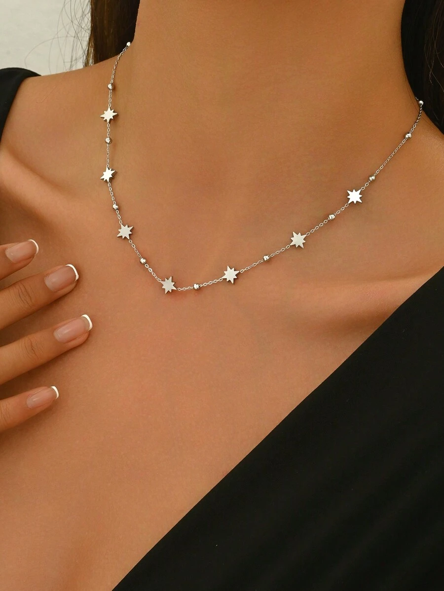 LIEBEIRIS 1pc 18K Gold Plated Stainless Steel 8-Pointed Star Women Necklace, Suitable For Daily Matching And Gift Giving (Bead Quantity Random, Handmade Cut) - Silver - View 1