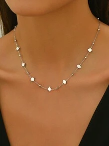 LIEBEIRIS 1pc 18K Gold Plated Stainless Steel 8-Pointed Star Women Necklace, Suitable For Daily Matching And Gift Giving (Bead Quantity Random, Handmade Cut) - Silver - View 4