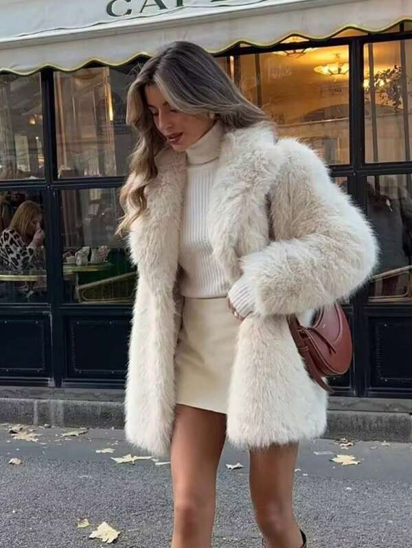 HH Women Vintage Solid Faux Fur Coat Loose Casual Long Sleeve Lapel Jacket Winter Thick Warm Outerwear Oversize Style