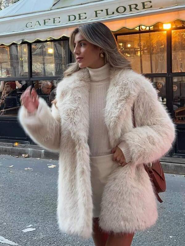 HH Women Vintage Solid Faux Fur Coat Loose Casual Long Sleeve Lapel Jacket Winter Thick Warm Outerwear Oversize Style