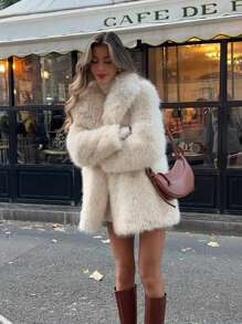 HH Women Vintage Solid Faux Fur Coat Loose Casual Long Sleeve Lapel Jacket Winter Thick Warm Outerwear Oversize Style