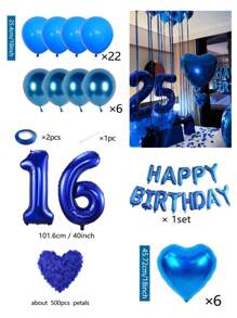 540 个蓝色生日快乐气球横幅，40 英寸（约 101.6 厘米）聚酯薄膜铝箔数字气球，蓝色心形气球，假蓝色玫瑰花瓣，适合女士、男士、生日派对装饰、蓝色主题派对家居装饰 - 寶藍色 - 查看 18