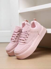 Women's Fashion Solid Color Retro Leather Splice Outdoor Casual Sports Shoes, Classic Lace-Up High Platform Thick Sole Cushioned Comfortable Versatile Flat Non-Slip Sneakers