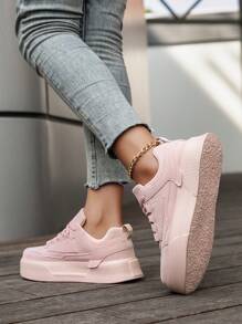 Women's Fashion Solid Color Retro Leather Splice Outdoor Casual Sports Shoes, Classic Lace-Up High Platform Thick Sole Cushioned Comfortable Versatile Flat Non-Slip Sneakers