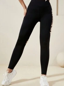 Women High Waisted Leopard Print Pocket Splice Fitness Leggings, High Stretchy Yoga Pants, Athletic & Activewear