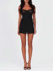 Women Summer Sexy Slim Fit Floral Lace Cami Dress Backless Tie-Up Sweetheart Neck Sleeveless  A-Line Short Dresses - 黑色 - 查看 4