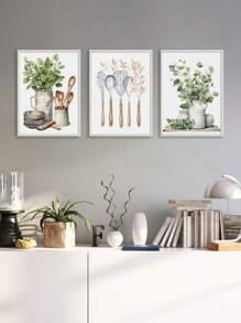 3 Pieces Kitchen Wall Arts Utensil Art Posters Green Botanical Posters Vintage Vase Wall Paintings Spoons Hanging Picture Modern Wall Arts Farmhouse Wall Artwork Dining Room Wall Decor Optional Frame Kitchen Decor