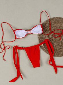 Bộ bikini thời trang nữ màu đỏ trơn, kiểu dáng casual, gợi cảm, phong cách châu Âu và Mỹ, mẫu mới về mùa xuân/hè, thích hợp cho đi biển, dự tiệc, hẹn hò. - Đỏ - Xem 3