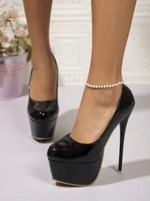 女士经典高跟一脚蹬鞋，时尚舒适防滑镂空设计厚底高跟鞋 - 黑色 - 查看 2