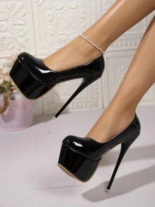 女士经典高跟一脚蹬鞋，时尚舒适防滑镂空设计厚底高跟鞋 - 黑色 - 查看 1