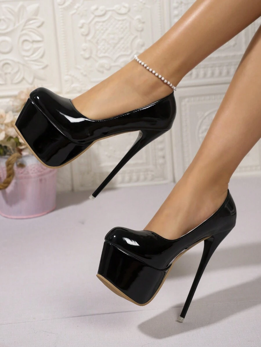 女士经典高跟一脚蹬鞋，时尚舒适防滑镂空设计厚底高跟鞋 - 黑色 - 查看 1