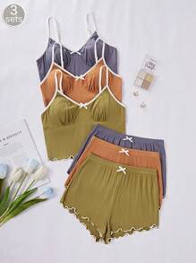 3 件套女士纯色蝴蝶结荷叶边睡衣套装