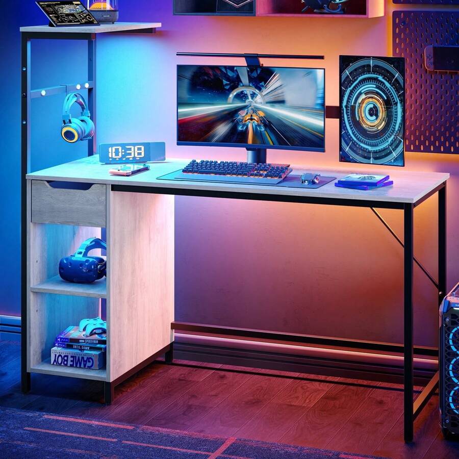 Escritorio de ordenador para juegos con cajón, mesa de PC con almacenamiento - Gris Claro - Ver 1