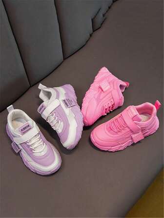 儿童经典粉色运动鞋，女孩皮革表面百搭紫色透气休闲鞋，男孩舒适学生轻便跑步运动鞋