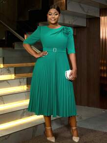 Plus Size Spring Green Easter Round Neck Short Sleeve 3D Floral Ruched A-Line Dress, Elegant And Graceful, Suitable For Birthday, Wedding Guest, Graduation Ceremony, Gala, Homecoming And Other Occasions