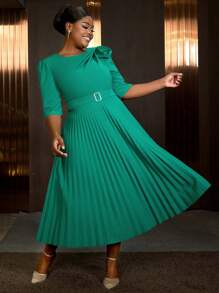 Plus Size Spring Green Easter Round Neck Short Sleeve 3D Floral Ruched A-Line Dress, Elegant And Graceful, Suitable For Birthday, Wedding Guest, Graduation Ceremony, Gala, Homecoming And Other Occasions