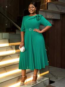 Plus Size Spring Green Easter Round Neck Short Sleeve 3D Floral Ruched A-Line Dress, Elegant And Graceful, Suitable For Birthday, Wedding Guest, Graduation Ceremony, Gala, Homecoming And Other Occasions