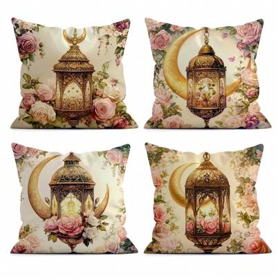 4 Stücke Ramadan Segen Blumen- und Laternen-Muster Deko Kissenbezüge, 45*45cm