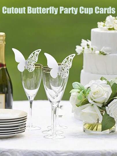 10/50PCS Butterfly Paper Cup Card Seat Cards Kitchen Skeleton Cup Cards Wedding Items Party Table Seat Cards 3D Skeleton Butterfly Pearl Paper Simulation Butterfly Cup Stickers Bachelor Party Birthday Decorations Supplies Wedding Decoration Scene Arrangement Suitable For Valentine's Day, Wedding Wine Glasses Vintage Decoration Western Decoration