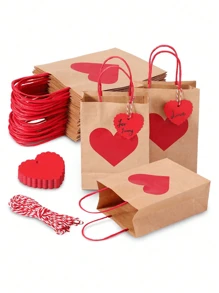 10/5Pcs Valentine's Day Gift Paper Bags Red Heart Party Favor Bags With Tags And Tissue Paper Brown Wrap Bags With Handles For Wedding Anniversary Party Decor Supply Valentine's Day - Multicolor - View 1