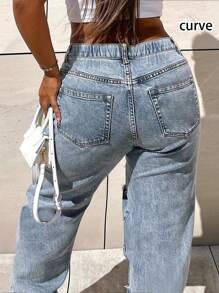 Jeans droits taille moyenne avec poches, style de rue tendance, tailles grandes, pour femmes