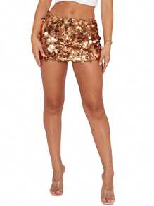 Women Wrapped Half Dress, Sequined Summer Spring Fall Dance Street Club Party Short Skirt - 金色 - 查看 1