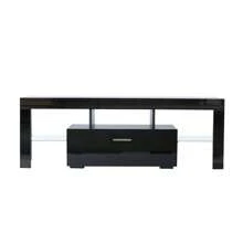 PAPROOS TV Stand For TVs Up To 55", High Gloss TV Cabinet With LED Light, Modern TV Console Table With Storage Drawers, Media Television Stand Entertainment Center, Black - Black - View 9