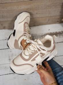 Thick Sole Platform Chunky Sneakers, New 2024 Spring/Summer Women's Breathable Mesh Running Shoes, Casual Athletic Trainers - Beige - View 1