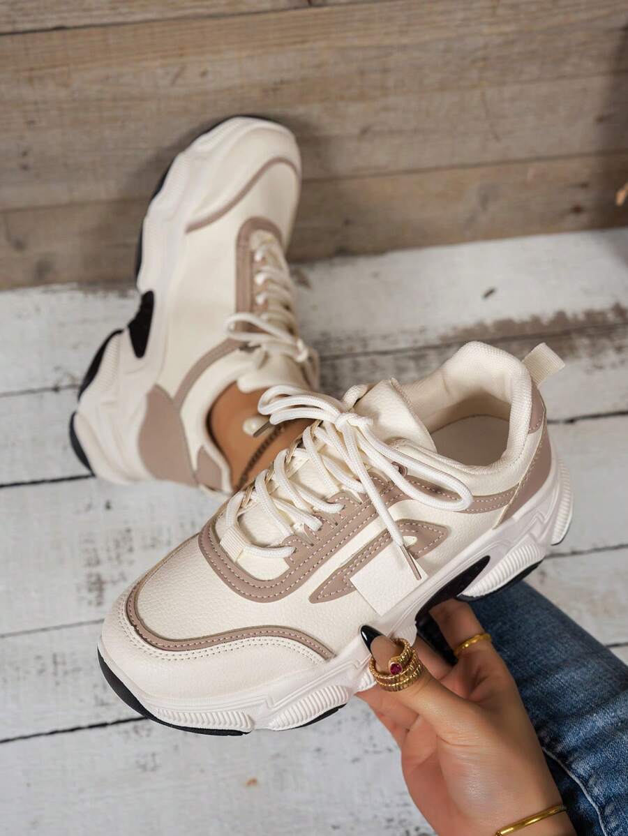 Thick Sole Platform Chunky Sneakers, New 2024 Spring/Summer Women's Breathable Mesh Running Shoes, Casual Athletic Trainers - Beige - View 1