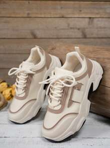 Thick Sole Platform Chunky Sneakers, New 2024 Spring/Summer Women's Breathable Mesh Running Shoes, Casual Athletic Trainers - Beige - View 5