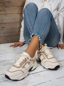 Thick Sole Platform Chunky Sneakers, New 2024 Spring/Summer Women's Breathable Mesh Running Shoes, Casual Athletic Trainers - Beige - View 2