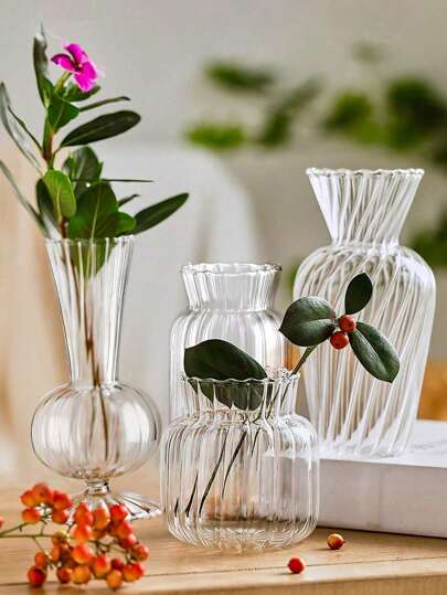 1pc Retro Gestreepte Glass Vase, Clear Flower Vase Bud Mother's Day, Home Desktop ation Arrangement Ornament Care, My Mother Birthday Graduation Room view 2