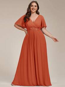 EVERPRETTY Elegant Chiffon V-Neck Ruffle Sleeve Floral Bridesmaid Dress, Suitable For Formal Occasions Like Galas And Weddings - Burnt Orange - View 5