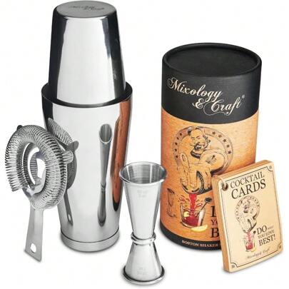 Cocktail Shaker Boston Shaker Set Professional Weighted Martini Shakers, Strainer And Japanese Jigger, Portable Bar Set For Drink Mixer Bartending, Exclusive Recipes Cards (Silver)