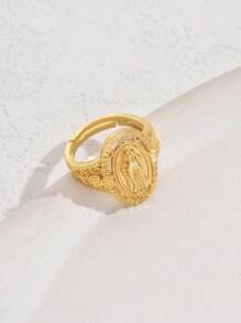 1pc 18k Gold-Plated Copper Oval Cubic Zirconia Virgin Mary Adjustable Open Ring,Fashionable Unisex Daily/Party/Event Accessory