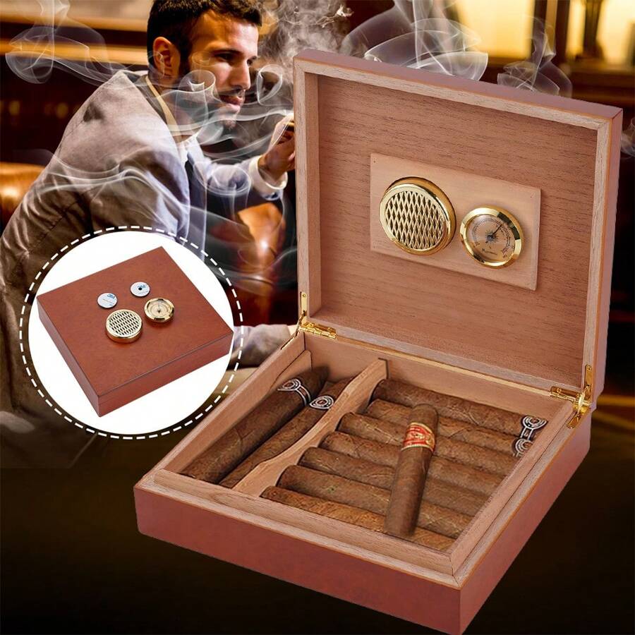 OUR ADVENTURE BOOK Eine tragbare Mini-Zedernholz feuchtigkeitsspendende Zigarrenbox mit einem Feuchtigkeitsmesser und einer Flip-Cover Feuchtigkeitsbox für den Heimgebrauch