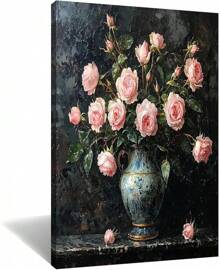 Vintage Flower Canvas Wall Art Home Decor Roses Wrapped Canvas Print Classical Dark Pink Floral Picture Painting Artwork For Bedroom Bathroom Framed Wooden Wall Decoration Ready To Hang 12x18inch(Framed Wrapped Canvas)