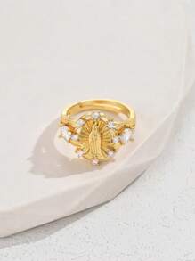 1pc 18k Gold-Plated Copper Oval Cubic Zirconia Virgin Mary Adjustable Open Ring,Fashionable Unisex Daily/Party/Event Accessory