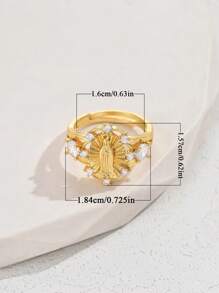 1pc 18k Gold-Plated Copper Oval Cubic Zirconia Virgin Mary Adjustable Open Ring,Fashionable Unisex Daily/Party/Event Accessory