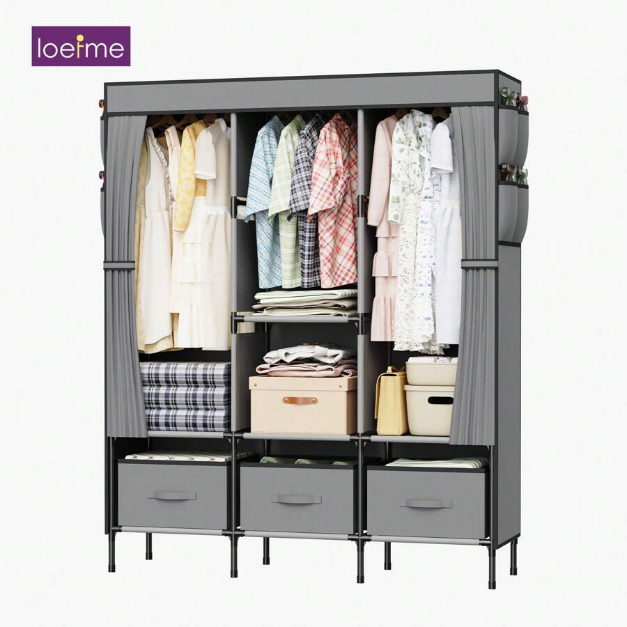 LOEFME Canvas Wardrobe Fabric Clothes Closet + Hanging Rail & 3 Storage Boxe Black/Grey - Grey - View 1