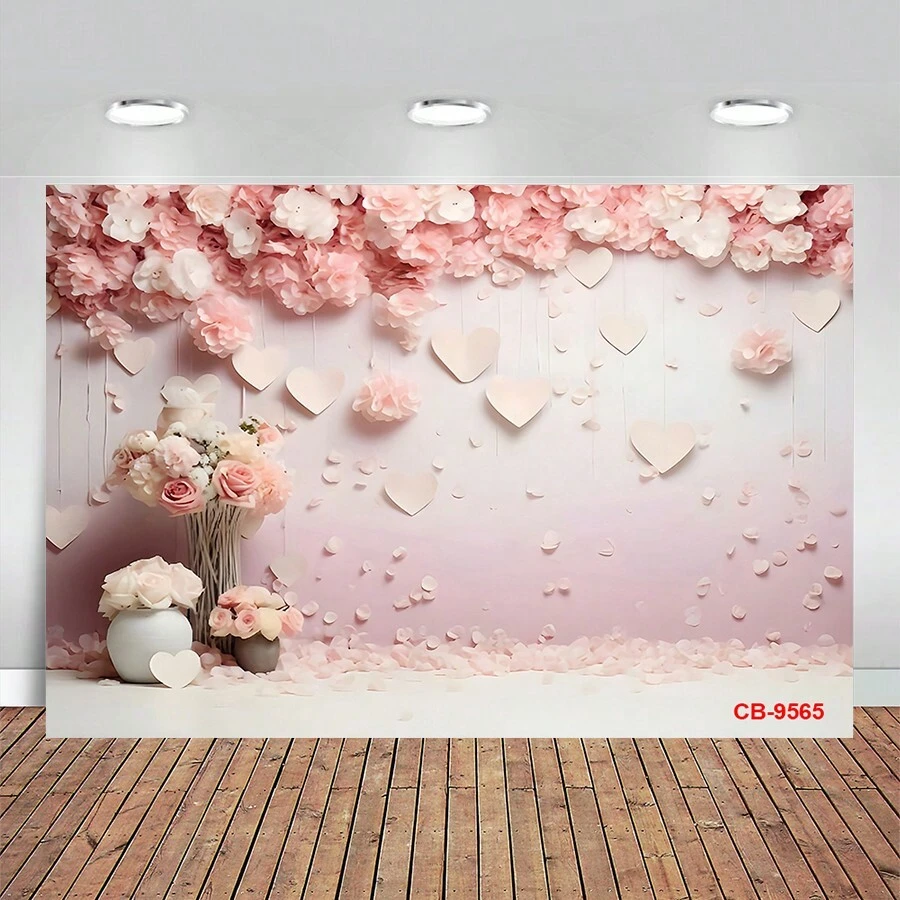 Fondo fotográfico con flores y corazones rosas para fotografías de cumpleaños, retrato y decoración para estudio fotográfico - Multicolor - Ver 1