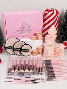 MAANGE 73件套圣诞主题专业化妆工具套装，含圣诞礼盒，30支柔软面部化妆刷+43件粉扑配件，包括粉底刷、散粉刷、腮红刷、眼影刷、修容刷、遮瑕刷、高光刷、晕染刷、眉刷、唇刷、细节刷等。化妆工具采用柔软纤维材质，方便携带，是旅行的理想之选，也是送给女性和女孩的礼物。套装包含齐全的化妆刷，是完整的化妆工具包，也是送给女性和女孩的完美礼物。 - 粉色 - 查看 1