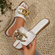 Sparkly Flat Sandals With Knot Detail, Open Toe Dressy Band Sandals For Women, Perfect For Summer - White - View 1