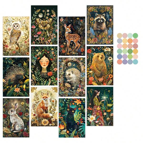Set de 12 tarjetas postales vintage con diseños de animales del bosque de medianoche mágico - Kit para collage de pared, imágenes estéticas únicas para decorar el dormitorio, perfectas para decoración del hogar y regalo, divertidas, tarjeta de regalo, San Valentín, boda, vuelta al colegio, útiles escolares
