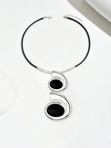 1pc Vintage Y-Shaped Necklace For Women, Creative Comma & Snail Pattern Oval Acrylic Inlay Black Cord Clavicle Chain, Versatile Daily Accessory - Silver - View 2